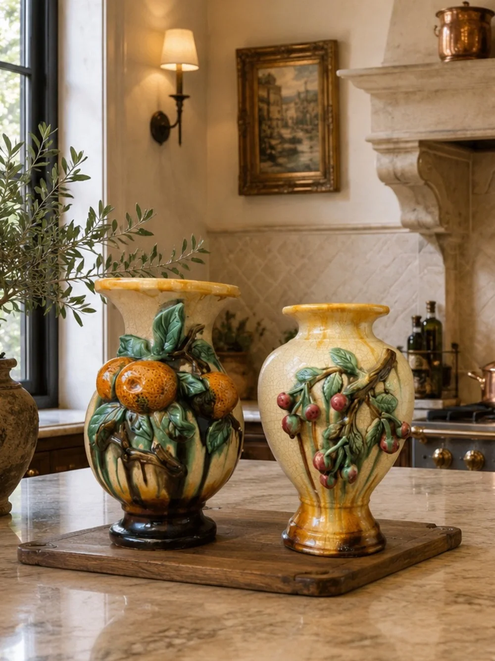 Decorative Fruit Relief Ceramic Vase - Yellow and Green